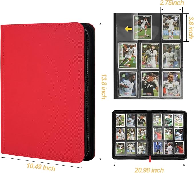 360 Cards Ringless 9-Pocket Side Loading Trading Card Binder, PU Zipper Fixed Page Card Album for TCG Sports Cards, Not Fit Top Loaders (RED)