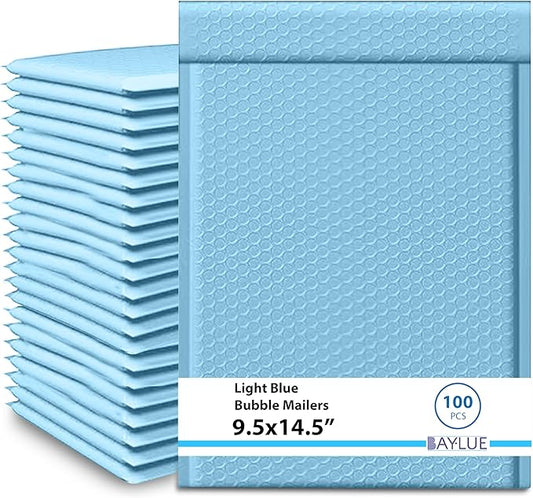 Light Blue 9.5x14.5 Inch Poly Bubble Mailers #4 | Self Seal Large Padded Envelopes Air Cushioned Bubble Mailer | Usable Size 9.5x13 Inch | Waterproof Lightweight Mailing Shipping Bags | 100 Pack Bulk