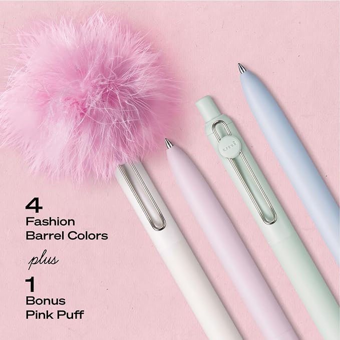 uniball™ The Elle Pen Set, Zento Gel Pens, Black Ink, 4 Count | Pink Puff included, 0.7mm Medium Point, Retractable, Smooth Writing, Quick-Drying, No Smear, No Bleed