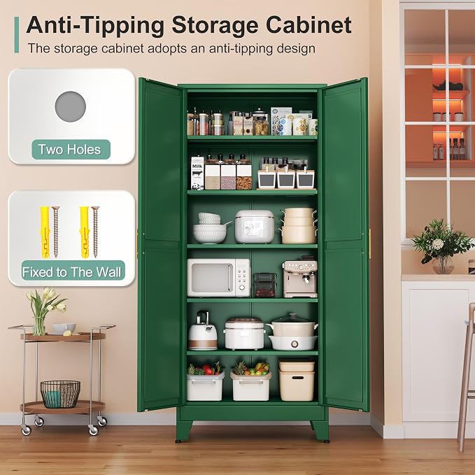 Metal Pantry Cabinet with 2 Doors and 5 Adjustable Shelves, 75"Kitchen Storage cabinets with Gold Handles, Versatile Storage for Laundry Room, Living Room, Bathroom, Dinning Room, Utility Room-Green