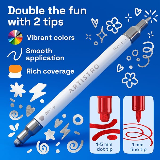 ARTISTRO Metallic Dual-Tip Acrylic Paint Marker Pens - Set of 24 | For Fabric, Rock, Glass, Wood, & Coloring Books, Arts & Crafts Gift, Classroom Must Haves & School Supplies (Dot & Fine Tips)