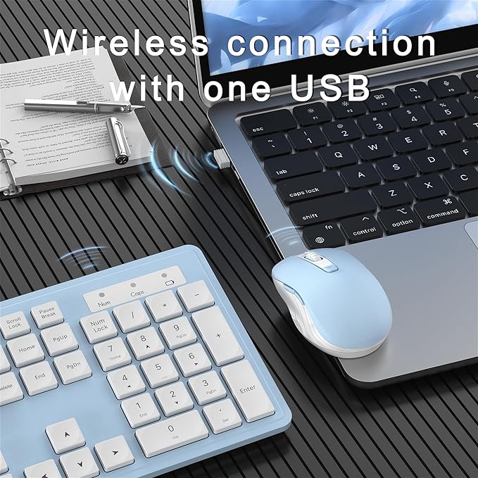 Wireless Keyboard and Mouse Combo, Full-Size 104-Key Office Keyboard with 15 Function Keys, Numeric Keypad, Single USB Receiver, Compatible with PC and Laptop(Blue White)