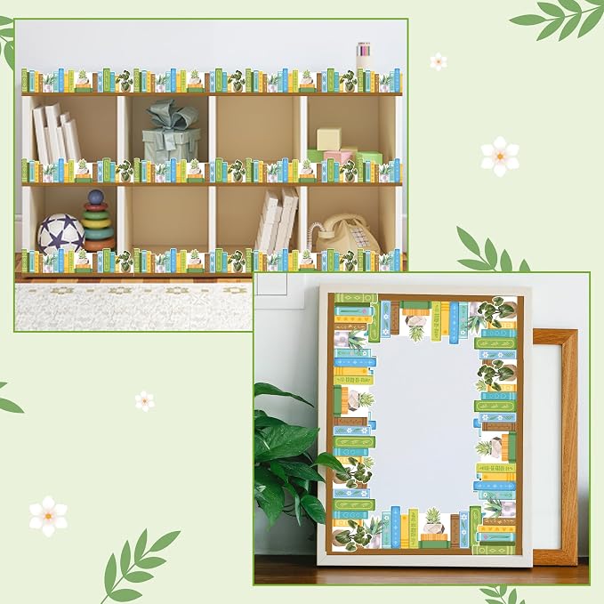 BeYumi Plant Bookshelf Border Trim - 65ft Back to School Green Plant Books Rolled Border Trim Green Potted Plants Bookshelf Bulletin Board Set Library Classroom Office Chalkboard Home Wall Party Decor