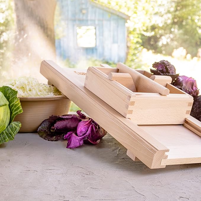 -Traditional Wooden Cabbage Shredder Slicer with Hand Guard for Finely Cut Sauerkraut and Coleslaw - Heirloom Quality - Made in Europe!