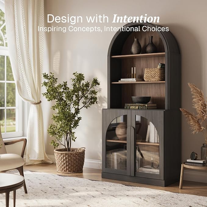 BELLEZE Arched Bookshelf with Glass Doors, 71" Tall Wood Display Cabinet with Adjustable Shelf and Hutch, 5 Tier Modern Bookcase Shelf with Storage for Living Room Office, Ebony