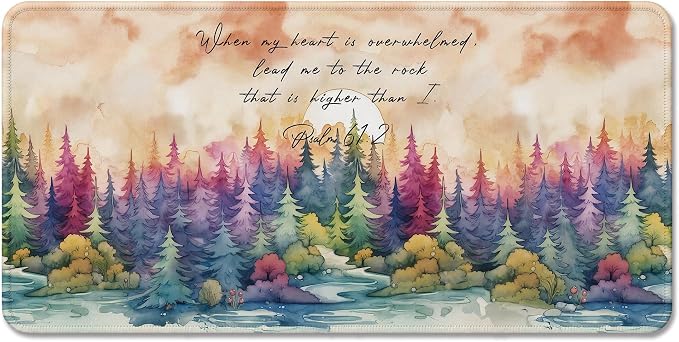 Psalm 61:2 Watercolor Forest Christian Large Mouse Pad 31.5x15,M009 | Psalm 61:2 Bible verse watercolor forest desk mat for home office dorm, religious desk decor and Christian gifts for women