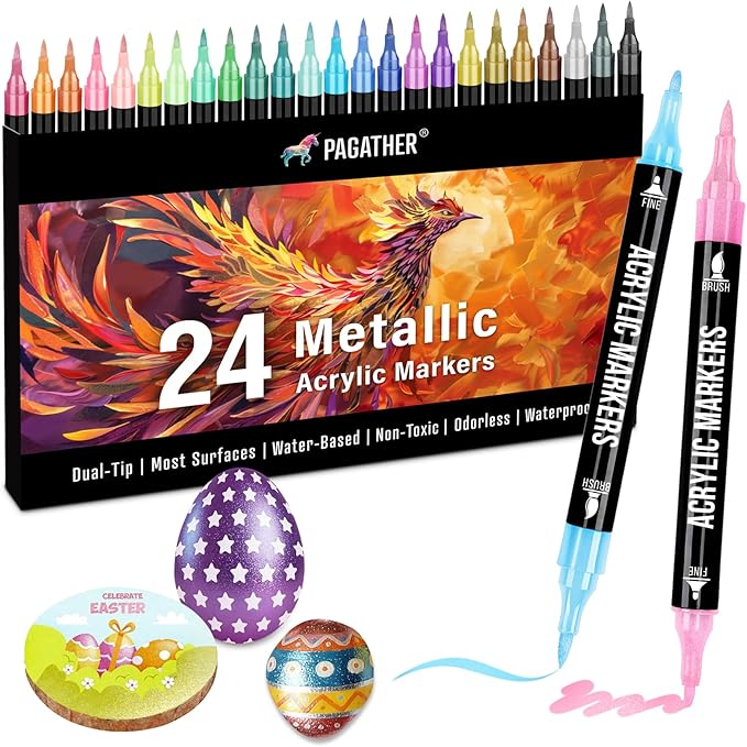 24 Metallic Colors Acrylic Paint Markers, Dual Tip with Fine Tip and Brush Tip Pens for Stone, Wood, Calligraphy, Canvas, Ceramic, Metal, Glass, Rock Painting, DIY Crafts