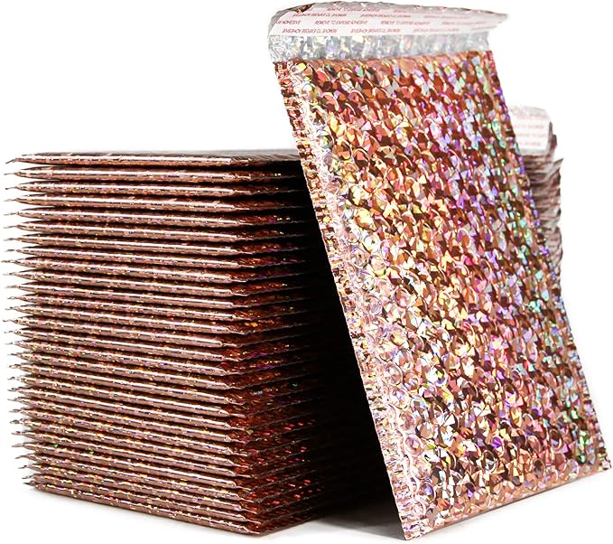 30 PCS 7 x 11 Inch Holographic Mailer, Mailing Envelopes Bubble Padded, Poly Bubble Mailers Padded Envelope Waterproof, Self Sealing Cushion Envelopes for Mailing Packing Shipping (Gold)