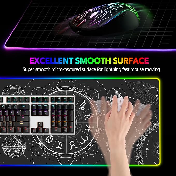 AIMSA RGB LED Gaming Mouse Pad, 14 Modes Glow Pad, Extra Large Gaming Mousepad, 35.4 x 15.8 inch Extended Big Waterproof Keyboard Mouse Pad Mat, Black Cosmic Constellation Magic