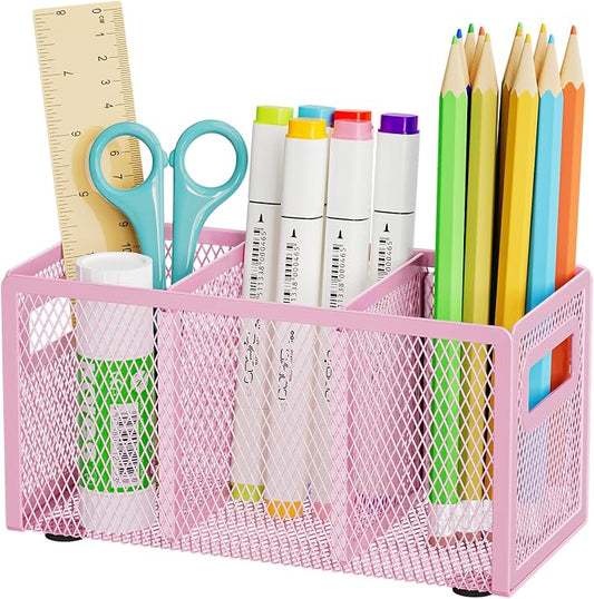 Marbrasse Mesh Pen Holder for Desk, Pencil Holder Desk Organizer 3 Adjustable Compartments, Pencil Cup with Handle Perfect for Classroom, Office, Home, Makeup, Art (Pink)