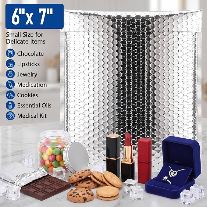 100 Pack 6 x 7 Inch Insulated Bubble Mailers, Silver | Self Adhesive Closure, Foil Lined Interior, Padded Cushioning, Waterproof, Cold Delivery Packing, for Food and Cosmetics