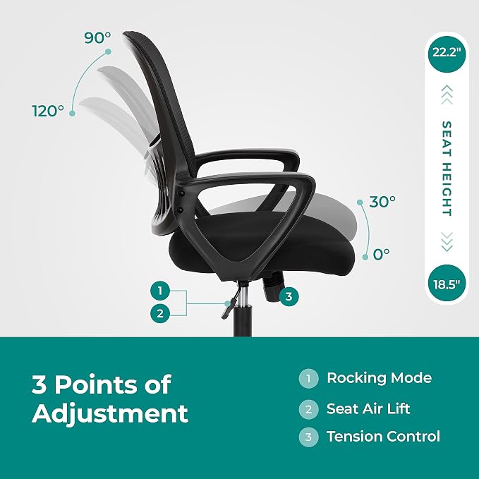 OLIXIS Home Office Chair, Mesh Desk Chair, Ergonomic Lumbar Support | Mid Back Computer Ergonomic, Height Adjustable Swivel Task, Large Seat Armrest, Adults, Black