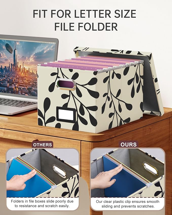 2 Pack File Storage Organizer, Document Organizer, Portable File Box with Lid, Fit for Letter/Legal File Folder Storage,Leaf Black/Cream-Box only