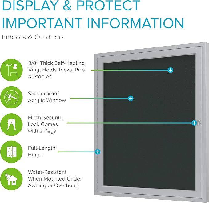 Ghent 36" x 30" 1-Door Outdoor Enclosed Bulletin Board with Lock, Vinyl Material, Shatter Resistant Acrylic Panels, Made in the USA, Satin Aluminum Frame - Ebony