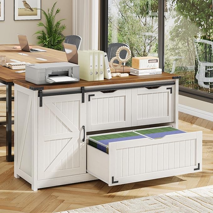 Halitaa 47.8” Farmhouse File Cabinet with Sliding Barn Door, Off White | Lateral Filing Storage Cabinets with Adjustable Shelf, 3 Drawers,Office Printer Stand for Hanging Files Letter/Legal/A4/F4