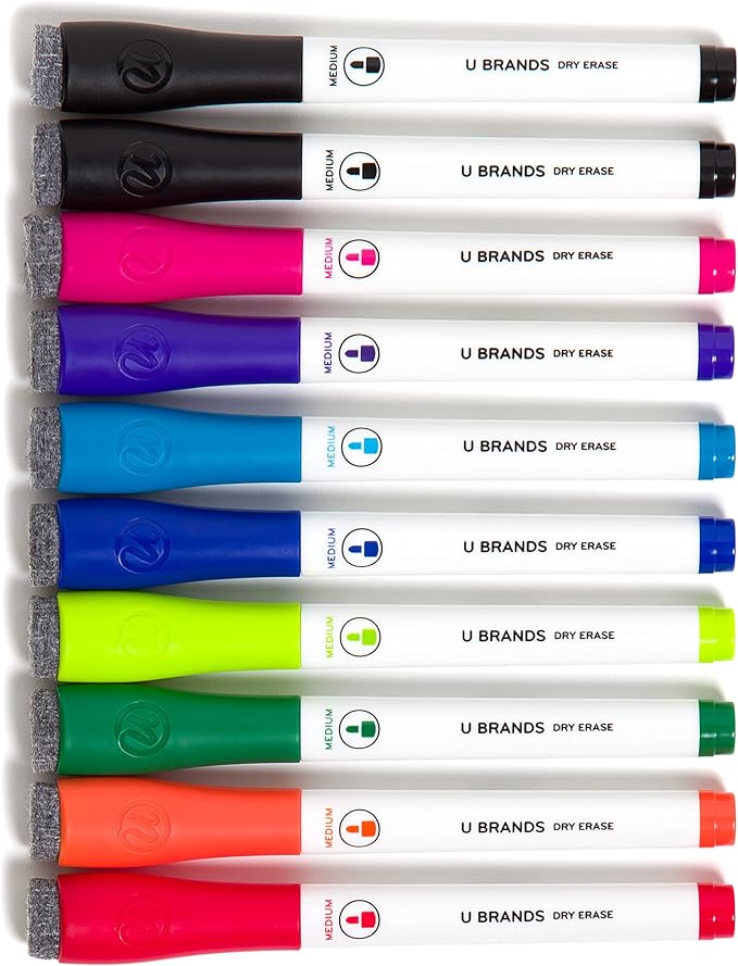 U Brands Fine Tip Dry Erase Markers with Eraser, Low Odor Whiteboard Markers Fine Tip, Assorted Bright Colors, Set of 10