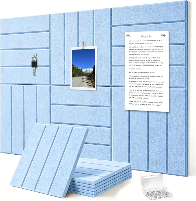 0.47" Thick Felt Wall Tiles 36"x24" Cork Board Alternative 6 Pack 11.81"x11.81"Felt Bulletin Board Pin Board with Removable Adhesive Tape&30 Pushpins for Home Office School(Bold-Light Blue)