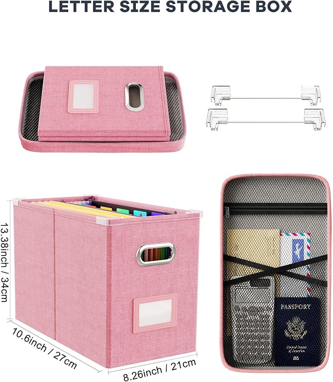 File Organizer With Lid, Hanging Filing Box With Mesh Pocket, Document Organizer for Letter Files, Portable Storage With Smooth Sliding Rail for Office & Home (2 PCS, Pink)