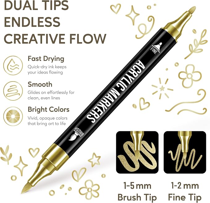 Pagather Gold Acrylic Paint Markers, 12 Dual Tip with Fine Tip and Brush Tip Pens for Fabric, Stone, Wood, Canvas, Ceramic, Metal, Glass, Rock Painting, DIY Crafts
