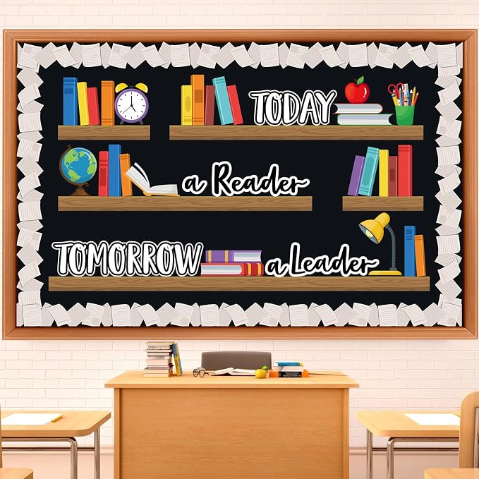 Qilery Bookshelf Bulletin Board Set Today a Reader Tomorrow a Leader | Motivational Classroom Decor Reading Library Bulletin Board Set Inspirational Cutout for Back to School Classroom Decoration