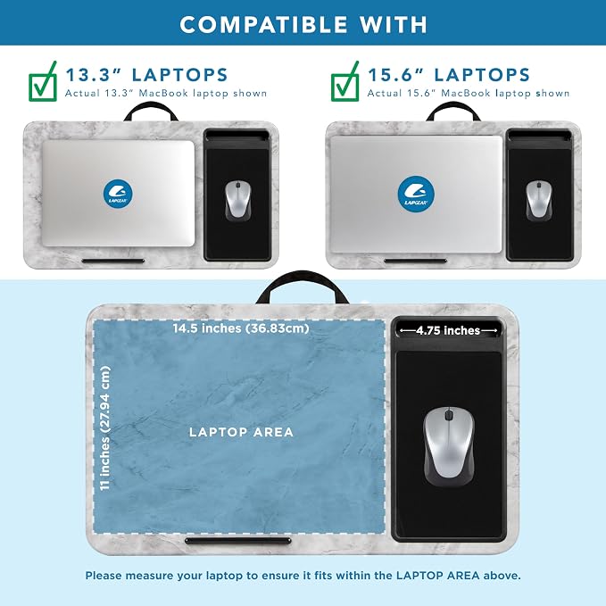 LAPGEAR Home Office Lap Desk with Device Ledge, Mouse Pad, and Phone Holder - White Marble - Fits Up To 15.6 Inch Laptops - Style No. 91501 | Built-In Mouse Pad & Phone Slot, Integrated Device Ledge, Dual-Bolster Microbead Cushion, Carry Handle