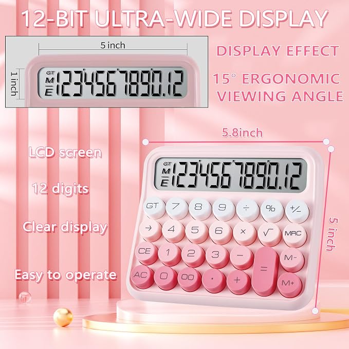 VEWINGL Mechanical Keyboard Calculator, 12 Digit LCD, Big Buttons | 5-Inch Display with Large Round Keys and 15° Tilt for Office, School, Home, and Everyday Use