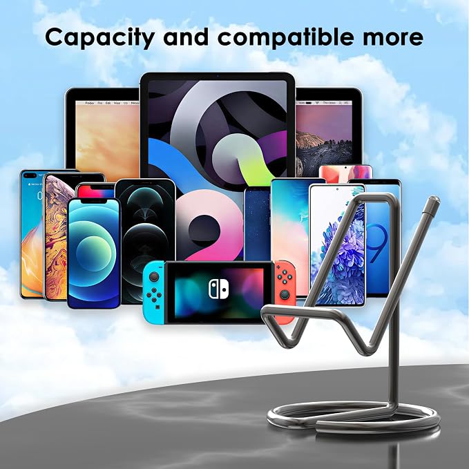 Metal Cell Phone Stand for Desk, Cute One-Piece Phone Holder, Stable Desktop Display Dock for iPhone, iPad, Samsung, Tablets & All Mobile Phones, Gray