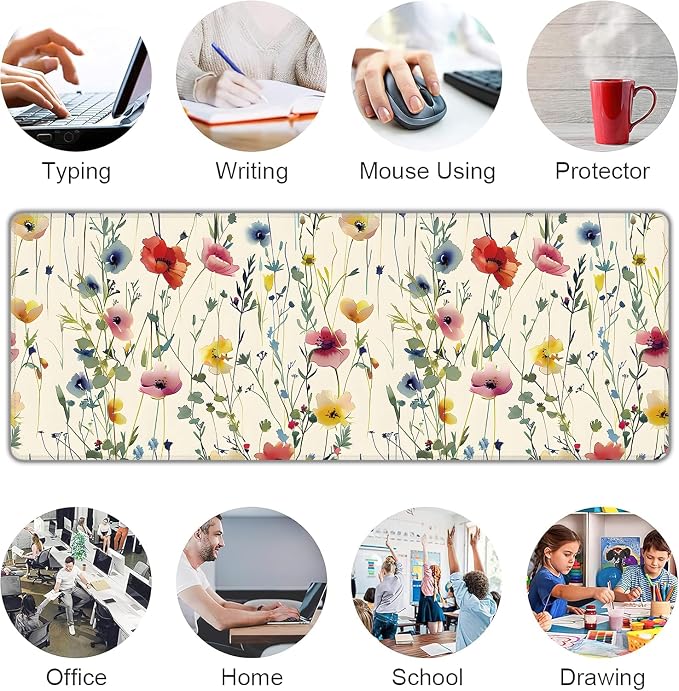 Wild Flowers Large Mouse Pad,Gaming Keyboard Desk Pad,Extended Mouse Mat Non-Slip Rubber Base with Stitched Edges for Office Game Home XL 31.5"x11.8"