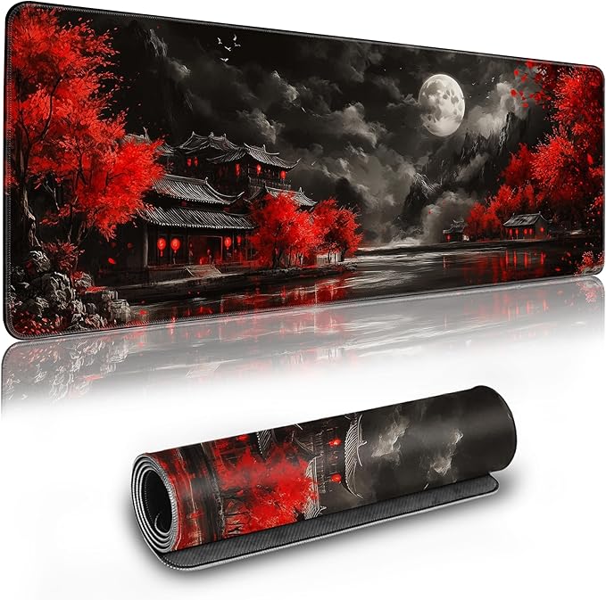 Long Gaming Mouse Pad Extended Anime Large Desk Pad with Non-Slip Base Full Keyboard Mat with Stitched Edges for Gaming and Office 31.5 x 11.8 inches (Dark Full Moon)