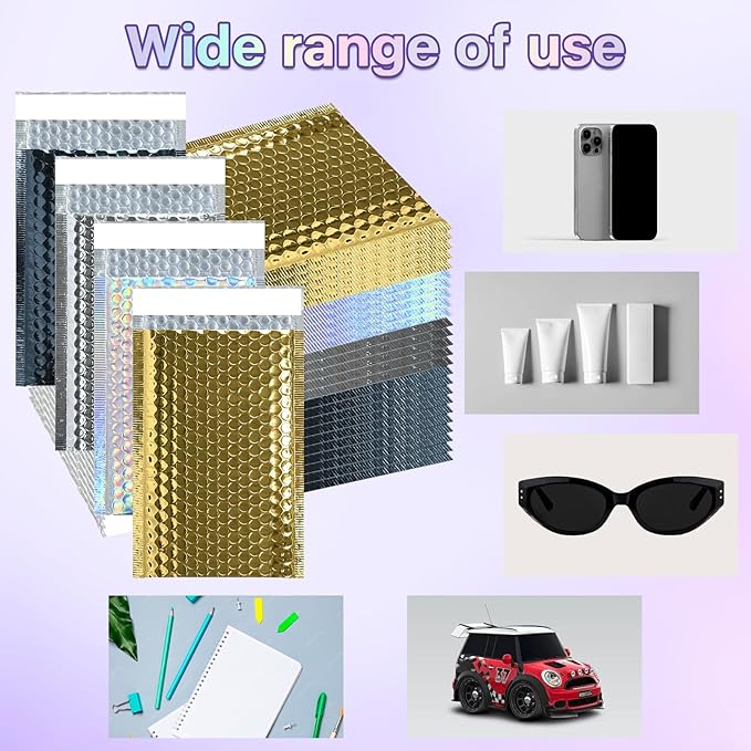 50 Pcs Metallic Bubble Mailers Holographic Bubble Mailers 6 x 9.4 Inch Self Seal Waterproof Shipping Bags Self-Seal Adhesive Poly Padded Envelopes for Mailing Packaging Small Business