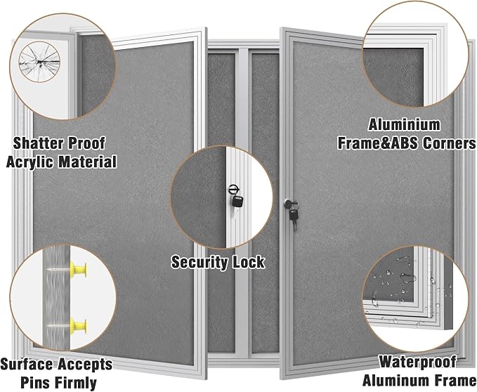 Mifuro 48"x34" Enclosed Bulletin Board, Outdoor Lockable Weather-Resistant Aluminum Cork Noticeboard for School & Office, Silver Frame w/Grey Flet