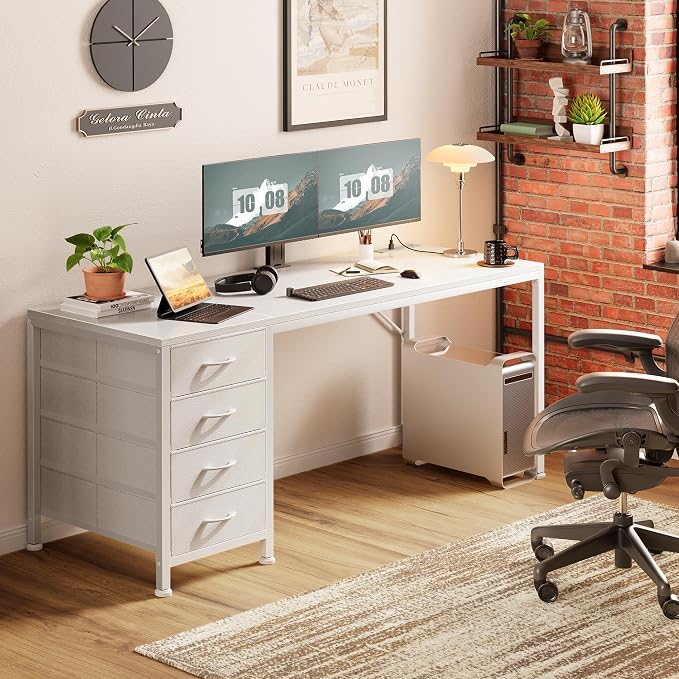 55.1 Inch Computer Office Desk with Power Outelts and USB-C Port, Reversible Gaming Desk with 4 Fabric Drawers, Work Study Desk Work from Home, White