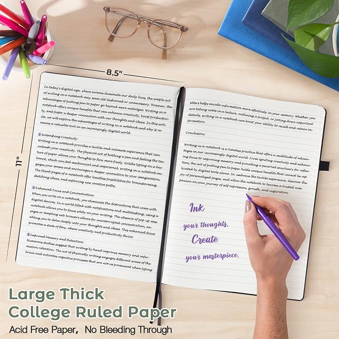 College Ruled Notebook, Large A4 Hardcover Leather Journal for Women Men | 5 Pack Lined Journal Notebook for Work School, No Bleed Thick Paper, Lay Flat, 8.5" x 11", Professional Business Notebook
