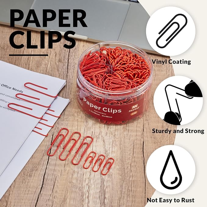 NEEWAY 450pcs Paper Clips Assorted Sizes, Small and Large Paper Clips (1.1 inch, 2 inch), Coated Paperclips for Office School Document Organizing (Red)