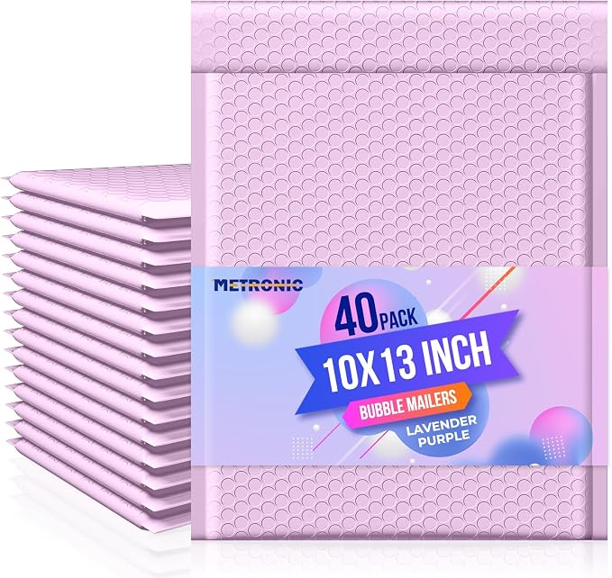 METRONIC Bubble Mailers 10x13" Padded Envelopes Lavender Purple 40 Pack | Poly Shipping Bags for Clothing,Waterproof Self Seal Cushioning,Mailing Pouches for Books,Jewelry,Makeup Supplies,#000,Bulk