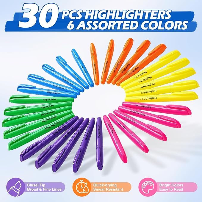 Duchong 30 Count Highlighters Assorted Colors, No Bleed Highlighter Markers for Teacher Students, Classroom Must Have, School Supplies for Adult Kids