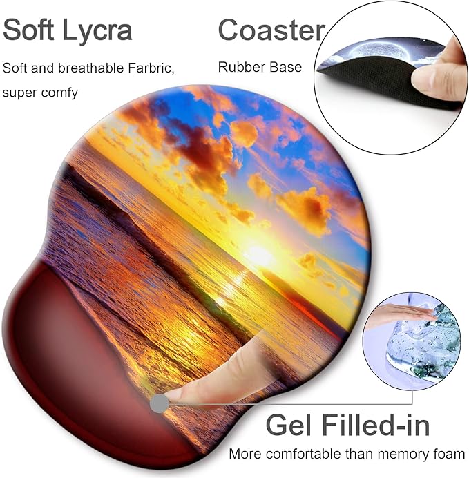 Ergonomic Mouse Pad with Wrist Support Rest,Large Mousepad Gel Wrist Rest, with Coaster Non-Slip & Pain Relief for Computer, Desk, Home&Office-Sunset Beach