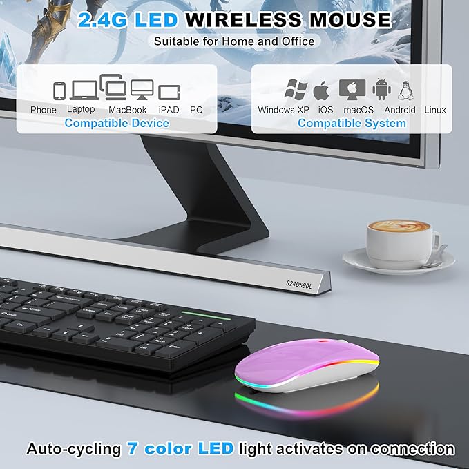 Azmall Bluetooth Wireless Mouse, Slim LED Rechargeable Silent Mouse with 2.4GHz USB-A/USB-C Receiver & Type-C Adapter, Compatible with Laptop, MacBook, iPad, iPad Pro,Mac,Tablet - Purple