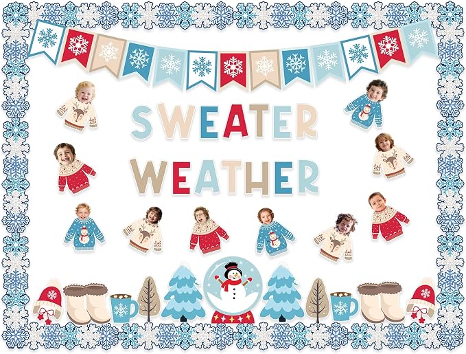 95Pcs Winter Bulletin Board Decoration Set Christmas Sweater Weather Classroom Decoration Kit Snowmen Snowflake Border DIY Photo for Home School Office Wall Door (Sweater)