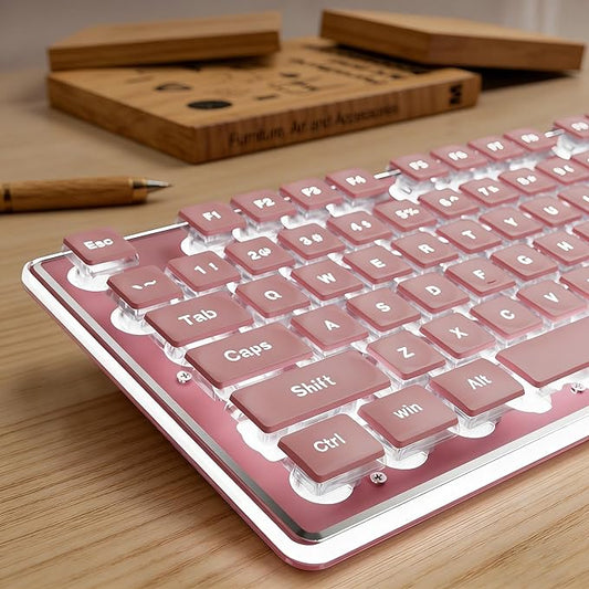 EWEADN GX710S Backlit Computer Keyboards, Wired USB Keyboard with White Backlit, Metal Panel, Plug and Play, Pudding Keycaps Full Size Quite Computer Keyboard for Win/PC/Laptop-Pink