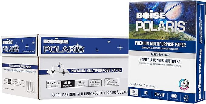 BOISE POLARIS Premium Multipurpose Copy Paper | 8.5" x 11" Letter | 97 Bright White, 28 lb. | 6 Ream Carton (3,000 Sheets)