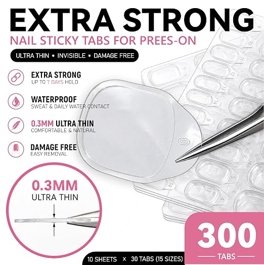 Nail Adhesive Tabs for Press On Nails, Ultra Thin, Natural Fit, 300 Tabs | Ultra-Thin Tabs Secure Daily Hold Easy Apply & Remove No Messy Glue Daily Wear Comfort 15 Sizes Included