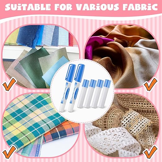 2 Fabric Glue Pen with 4 Refill, Washable Temporary Fabric Sewing Adhesive, Temporary Blue Glue Stick for English Paper, Quilting, Piecing Patchwork Sewing