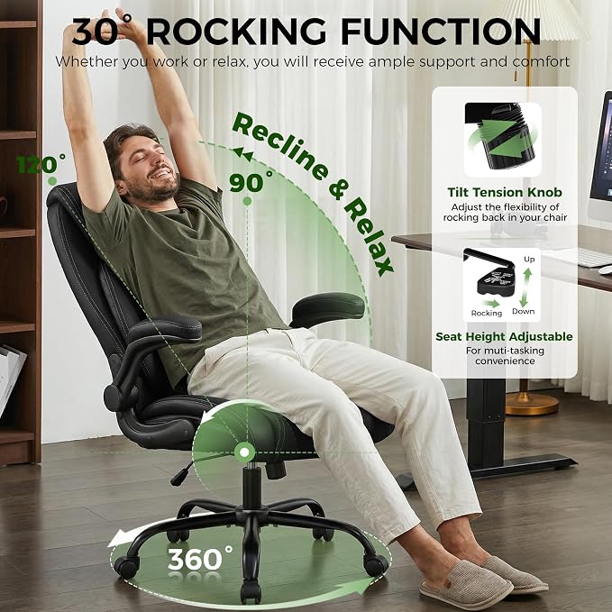 Office Chair, Ergonomic Executive Desk Chair with Lumbar Support for Lower Back Pain Relief, Padded Flip-Up Armrests, Leather Home Office Chair, Black