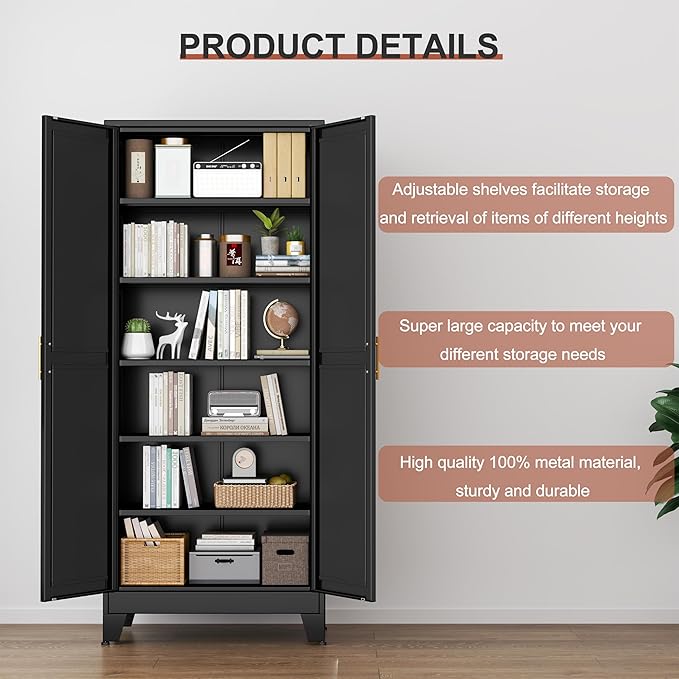 PAOFIN Kitchen Pantry Storage Cabinet with Doors and Adjustable Shelves, Metal ClosetMaid Food Pantry Cabinets, 75" Tall Freestanding Cupboard for Kitchen, Laundry or Utility Room, Black