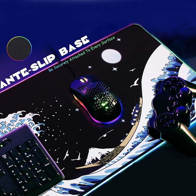 Gaming Laptop Mouse Pad,Sea Wave Big Mice Pads PC Keyboard Waterproof and Non-Slip 31.5 x 11.9 0.12" Thick XL,XXL Rubber Table Mat, RGB Led with 10 Lighting Modes+9 Color Changing Modes Mat