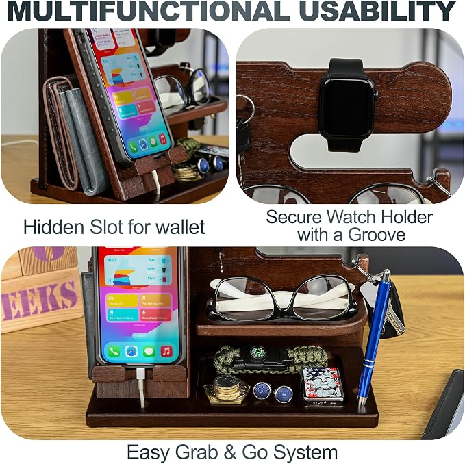 TESLYAR Wood Phone Docking Station for Men - Desk or Nightstand Organizer - Birthday Gifts for Husband, Dad - Anniversary Idea from Wife - Key Holder, Stand Wallet, Watch, Essentials (Chocolate Brown)