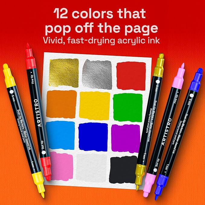 ARTISTRO Precision Dual-Tip Acrylic Paint Marker Pens - Set of 12 | For Fabric, Rock, Glass, Wood, & Coloring Books, Arts & Crafts Gift, Classroom Must Haves & School Supplies (Dot & Fine Tips)