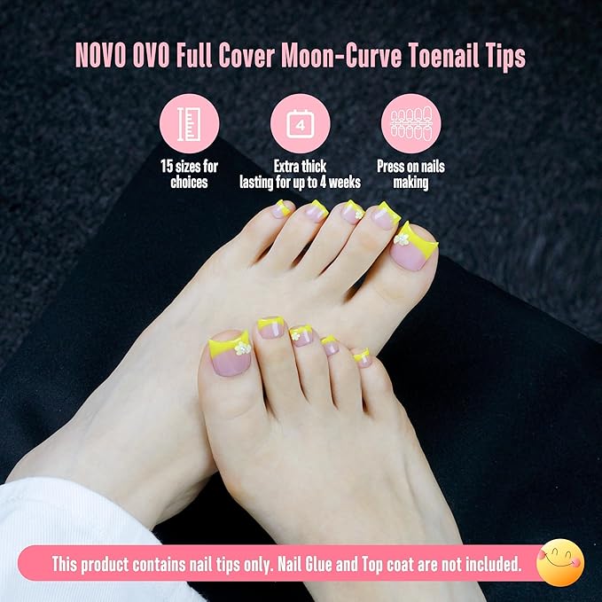 NOVO OVO Halloween Short Toe Nail Tips Press on with Moon Curve, Thick Sharp Square Full Cover Soft Gel False Toenail Extension Kit, Clear Matte Fake Nails Acrylic Pedicure for DIY x 15 Sizes 240 Pcs