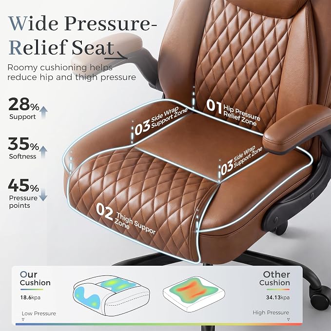 GTPOFFICE Executive Office Chair with Comfortable Lumbar Support, Ergonomic Gaming Chair with Flip-up Armrests & Zoned Pressure-Relief Cushion, Comfy PU Leather Desk Chair, Brown